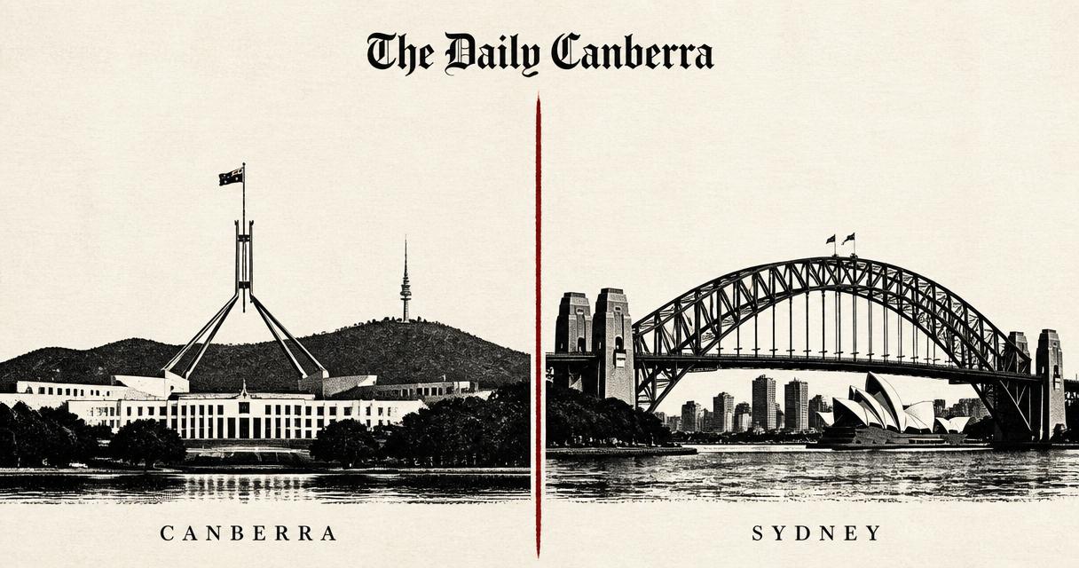 Editorial split illustration: Munich on the left and Sydney on the right